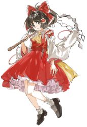 Rule 34 | 1girl, ascot, black footwear, black hair, bow, commentary request, detached sleeves, frilled bow, frilled hair tubes, frills, full body, gohei, grey eyes, hair bow, hair tubes, hakurei reimu, holding, holding gohei, konabetate, looking at viewer, medium hair, parted lips, red bow, red skirt, red vest, shoes, simple background, skirt, socks, solo, touhou, vest, white background, white sleeves, white socks, wide sleeves, yellow ascot