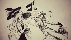 Rule 34 | 2girls, attack, bag, blush, book, bow, braid, carrying bag, commentary request, crescent, crescent pin, closed eyes, hair bow, hat, highres, improvised weapon, in the face, kirisame marisa, long hair, mob cap, monochrome, motion lines, multiple girls, open mouth, patchouli knowledge, sack, sendai (nazonomono), short sleeves, striped, tears, touhou, traditional media, very long hair, wide sleeves, witch hat