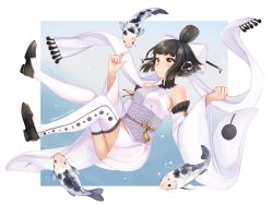 Rule 34 | 1girl, air bubble, black footwear, black hair, border, bow, brown eyes, bubble, closed mouth, dated, fish scales, flower knot, from side, hagoromo, hair bow, hair ornament, hair stick, koi, obi, original, sash, shawl, shoes, signature, solo, tassel, temachii, thighhighs, topknot, underwater, white border, white bow, white thighhighs