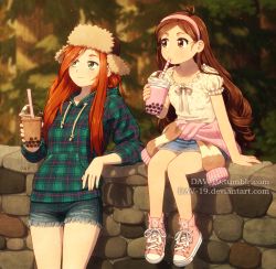 Rule 34 | 2girls, alternate costume, antenna hair, artist name, blouse, blurry, blush, brown eyes, brown hair, closed mouth, clothes around waist, collarbone, commentary, cup, cutoffs, dav-19, denim, denim shorts, denim skirt, depth of field, deviantart username, disney, drinking straw, flannel, forest, freckles, gravity falls, green eyes, hair over one eye, hairband, hat, holding, holding cup, hood, hoodie, long sleeves, looking away, mabel pines, multiple girls, nature, outdoors, plaid hoodie, red hair, shirt, shoes, shorts, sitting, skirt, smile, sneakers, standing, stone wall, summer, sunset, sweater, sweater around waist, tumblr username, wall, watermark, web address, wendy corduroy, white shirt