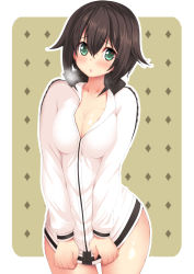Rule 34 | 10s, 1girl, b-ginga, black hair, blush, bottomless, breasts, breath, cleavage, covering privates, covering crotch, green eyes, hayasui (kancolle), jacket, jacket tug, kantai collection, long sleeves, looking at viewer, naked jacket, open mouth, short hair, simple background, solo, standing, track jacket, turtleneck, zipper