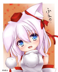 Rule 34 | 1girl, animal ears, bell, blue eyes, blush, breasts, darktrified, dated, detached sleeves, gradient background, hair ribbon, hat, highres, inubashiri momiji, looking at viewer, medium breasts, open mouth, pom pom (clothes), ribbon, short hair, silver hair, solo, tokin hat, touhou, translation request, wolf ears