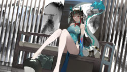 Rule 34 | 1girl, arknights, arm up, black hair, breasts, china dress, chinese clothes, colored skin, covered navel, da (datako), dragon girl, dragon horns, dragon tail, dress, dusk (arknights), dusk (everything is a miracle) (arknights), dutch angle, earrings, full body, green dress, green skin, highres, horns, jewelry, medium breasts, multicolored hair, paid reward available, pointy ears, red eyes, sitting, solo, streaked hair, tail, tail ornament, tail raised, tail ring, tassel, tassel earrings