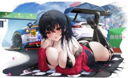 Rule 34 | 1girl, ahoge, ass, azur lane, bikini, black bikini, black hair, blue sky, blush, boots, breasts, car, cloud, confetti, day, elbow rest, fence, full body, high heel boots, high heels, highres, jacket, large breasts, looking at viewer, lukas reule, lying, manjuu (azur lane), motor vehicle, off shoulder, on stomach, outdoors, parted lips, porsche 911, race queen, race vehicle, racecar, red eyes, red jacket, sky, solo, stadium, swimsuit, taihou (azur lane), taihou (enraptured companion) (azur lane), the pose, thigh boots