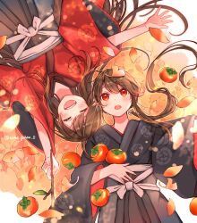 Rule 34 | 1boy, 1girl, autumn leaves, brother and sister, fate/grand order, fate (series), food, fruit, highres, japanese clothes, long hair, low ponytail, oda nobukatsu (fate), oda nobunaga (fate), oda uri, open mouth, orange (fruit), siblings, smile, teeth, trap, twitter username, upper teeth only, very long hair, yui (tamagohan)