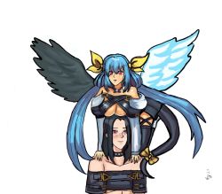 Rule 34 | 1boy, 1girl, black hair, black thighhighs, blue hair, blush, boobs on head, breasts, dizzy (guilty gear), guilty gear, guilty gear xx, highres, large breasts, moontears, red eyes, smile, tail, testament (guilty gear), thighhighs, wings