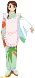 Rule 34 | apron, artist request, braid, braided ponytail, brown eyebrows, brown eyes, closed mouth, comb, famitsu, floral print kimono, floral print sleeves, frilled apron, frills, green kimono, green sleeves, hair ornament, hair tie, japanese clothes, kimono, looking at viewer, official art, pink apron, sakura taisen, sakura taisen v, sandals, second-party source, side braid, smile, socks, white socks