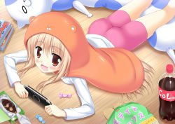 Rule 34 | 10s, 1girl, animal hood, ass, bike shorts, blush, bottle, brown eyes, brown hair, candy, candy wrapper, casual, chips (food), cola, doma umaru, female focus, food, from above, hamster costume, handheld game console, himouto! umaru-chan, hinata keiichi, hood, light brown hair, long hair, looking at viewer, lying, manga (object), necolumbus, nekoronbusu, on stomach, playing games, playstation portable, potato chips, shorts, skin tight, snack, soda bottle, solo, stuffed animal, stuffed cat, stuffed toy, wooden floor