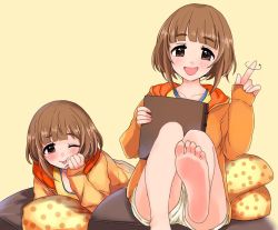 Rule 34 | 1girl, :p, artist request, barefoot, blush, brown eyes, brown hair, feet, foot focus, head rest, hood, hoodie, idolmaster, idolmaster cinderella girls, kitami yuzu, looking at viewer, lying, on stomach, open mouth, pov, sitting, soles, toes, tongue, tongue out, wink