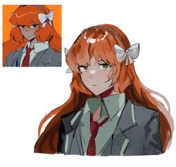 Rule 34 | 1girl, black coat, black vest, bow, brown hairband, closed mouth, coat, collared shirt, freckles, hair bow, hairband, highres, ishmael (project moon), limbus company, long hair, looking at viewer, msx (mis4xi), necktie, orange hair, project moon, red necktie, reference inset, shirt, simple background, upper body, vellmori, very long hair, vest, white background, white bow, white shirt