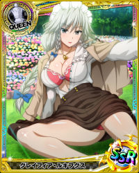 Rule 34 | 1girl, blue bow, bow, bra, braid, breasts, card (medium), chess piece, cleavage, female focus, field, flower, flower field, grayfia lucifuge, grey eyes, grey hair, hair bow, high school dxd, jewelry, large breasts, long hair, maid headdress, matching hair/eyes, mature female, necklace, official art, outdoors, panties, pink bra, pink panties, queen (chess), red lips, smile, solo, twin braids, underwear