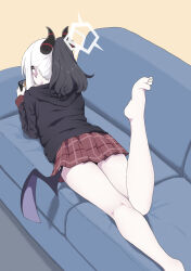 Rule 34 | 1girl, black hoodie, black horns, blue archive, commentary request, couch, demon horns, demon wings, ear piercing, grey halo, halo, highres, hood, hoodie, horns, kayoko (blue archive), lying, multicolored hair, on couch, on stomach, pale skin, piercing, single wing, solo, toes, two-tone hair, unamaso, white hair, wings