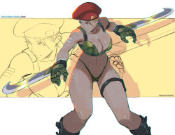 Rule 34 | 1girl, arm blade, beret, bikini, blonde hair, blue eyes, breasts, character request, cleavage, commentary, commission, cowboy shot, dual wielding, earrings, english commentary, eyebrows, eyelashes, fighting stance, full body, gloves, green bikini, green gloves, hat, highleg, highleg bikini, holding, jewelry, large breasts, lips, navel, pouch, rejean dubois, short hair, snk, solo, standing, stomach, swimsuit, the king of fighters, thigh pouch, thigh strap, weapon, zoom layer