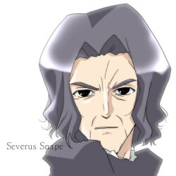 Rule 34 | 1boy, animification, bad source, black eyes, black hair, black robe, character name, collared shirt, harry potter (series), koge donbo, looking at viewer, male focus, old, old man, parted lips, robe, severus snape, shirt, short hair, simple background, solo, thick eyebrows, upper body, white background, white shirt, wizarding world