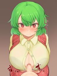 Rule 34 | 1boy, 1girl, black bra, blush, bra, bra visible through clothes, breasts, brown background, censored, collared shirt, commentary request, curled fingers, green hair, hair between eyes, hands on thighs, kazami yuuka, large breasts, long skirt, long sleeves, looking at viewer, mosaic censoring, nose blush, open clothes, open shirt, paizuri, paizuri under clothes, penis, plaid, plaid skirt, plaid vest, red eyes, red skirt, red vest, sadahiro (chicken nugget gyuuniku aji), shirt, short hair, simple background, sitting, skirt, skirt set, solo focus, sound effects, sweatdrop, touhou, unbuttoned, unbuttoned shirt, underwear, vest, wavy hair, wavy mouth, yellow shirt