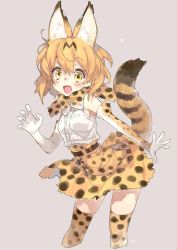 Rule 34 | 10s, 1girl, animal ears, animal print, bare shoulders, belt, blonde hair, bow, bowtie, breasts, cross-laced clothes, elbow gloves, gloves, high-waist skirt, kemono friends, open mouth, serval (kemono friends), serval print, serval tail, shirt, short hair, skirt, sleeveless, sleeveless shirt, small breasts, tail, thighhighs, toujou sakana, yellow eyes, zettai ryouiki
