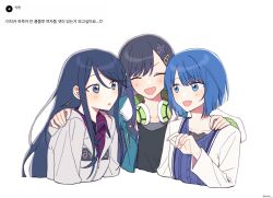 Rule 34 | 3girls, black eyes, black hair, blue eyes, blue hair, blush, buttons, closed eyes, cocov, commentary request, drawstring, facing viewer, fingernails, grey jacket, hair ornament, hairclip, hand on another&#039;s shoulder, headphones, headphones around neck, highres, hood, hood down, hooded jacket, hoshino ichika (project sekai), jacket, kiritani haruka, korean commentary, korean text, long hair, long sleeves, looking at another, multiple girls, open clothes, open jacket, open mouth, project sekai, shiraishi an, short hair, simple background, smile, star (symbol), star hair ornament, translation request, twitter username, upper body, white background, zipper