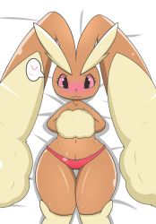 Rule 34 | 1girl, :3, animal nose, bed sheet, black eyes, blush, body fur, bow, bow panties, brown fur, closed mouth, clothed pokemon, colored sclera, creatures (company), dakimakura (medium), female focus, flat chest, furry, furry female, game freak, gen 4 pokemon, gluteal fold, hands on own chest, hands up, happy, heart, highres, looking at viewer, lopunny, lying, navel, nintendo, nose blush, on back, own hands together, panties, pink sclera, pokemon, pokemon (creature), rabbit ears, rabbit girl, red panties, sasada (ssd ng), shiny skin, simple background, smile, solo, speech bubble, spoken heart, stomach, straight-on, thick thighs, thighs, topless, two-tone fur, underwear, underwear only, white background, wide hips, yellow fur