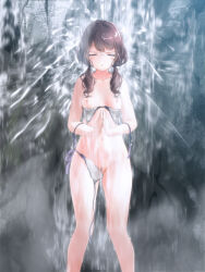 Rule 34 | 1girl, accidental exposure, bathing in waterfall, bikini, blue bikini, blush, breasts, brown hair, closed eyes, collarbone, commentary request, curly hair, day, double strap slip, hair over breasts, low twintails, medium hair, multicolored clothes, navel, nipples, original, outdoors, own hands together, parted lips, pubic hair, purple bikini, rock, showering, side-tie bikini bottom, small breasts, solo, standing, striped bikini, striped clothes, swimsuit, tachiinu, twintails, wardrobe malfunction, water, waterfall, wet