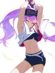 Rule 34 | 1girl, absurdres, armpits, arms up, baseball cap, bibi (tokoyami towa), breasts, cohi27151463, commentary request, green eyes, hair ornament, hairpin, hat, highres, hololive, long hair, looking at viewer, midriff, multicolored hair, navel, purple hair, short shorts, shorts, simple background, small breasts, solo, streaked hair, sweat, tokoyami towa, tokoyami towa (1st costume), twintails, virtual youtuber, white background