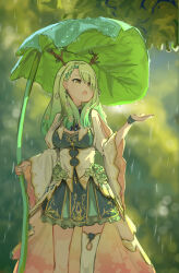 Rule 34 | 1girl, antlers, braid, ceres fauna, cloak, dress, flower, gradient hair, green hair, green theme, hair flower, hair ornament, highres, holding, holding umbrella, hololive, hololive english, horns, jewelry, leaf umbrella, long hair, looking up, mole, multicolored hair, open mouth, rain, ribbon, single thighhigh, solo, thighhighs, umbrella, virtual youtuber, waneyeye, water drop, white cloak, yellow eyes