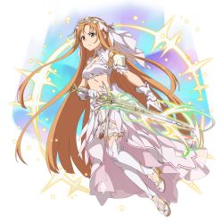 Rule 34 | 1girl, armor, asuna (sao-alo), bra, breasts, brown eyes, brown hair, cleavage, closed mouth, diadem, floating hair, frown, full body, gloves, highres, holding, holding sword, holding weapon, long hair, medium breasts, midriff, official art, shoulder armor, skirt, solo, stomach, sword, sword art online, sword art online: memory defrag, thighhighs, transparent background, underwear, very long hair, weapon, white armor, white bra, white gloves, white skirt, white thighhighs