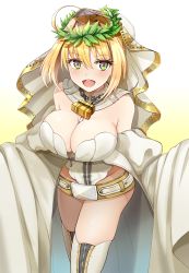 Rule 34 | 10s, 1girl, :d, ahoge, bad id, bad pixiv id, bare shoulders, belt, belt skirt, between breasts, blonde hair, blush, boots, breasts, bridal veil, chain, cleavage, cowboy shot, detached collar, detached sleeves, fate/extra, fate/extra ccc, fate/grand order, fate (series), gradient background, green eyes, groin, hair between eyes, hair intakes, happy, highleg, highleg leotard, highres, katagiri (giri 77), large breasts, laurel crown, leotard, lock, looking at viewer, nero claudius (bride) (fate), nero claudius (bride) (third ascension) (fate), nero claudius (fate), nero claudius (fate) (all), open mouth, outstretched arms, padlock, puffy detached sleeves, puffy sleeves, short hair with long locks, showgirl skirt, sideboob, sidelocks, skirt, smile, solo, standing, strapless, strapless leotard, thigh boots, thighhighs, veil, white background, white leotard, white skirt, white thighhighs, wide sleeves, yellow background, zipper, zipper pull tab