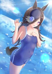 Rule 34 | 1girl, animal ears, arm behind head, arm up, bare shoulders, black hair, blue one-piece swimsuit, blue sky, breasts, closed mouth, cloud, cloudy sky, covered navel, cowboy shot, hair between eyes, hair over one eye, horse ears, horse girl, horse tail, lens flare, long hair, looking at viewer, one-piece swimsuit, outdoors, philo 324, pink eyes, purple headwear, rice shower (umamusume), school swimsuit, shadow, single vertical stripe, sky, small breasts, smile, solo, standing, swimsuit, tail, tracen swimsuit, umamusume, water, wet