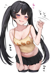 Rule 34 | 1girl, alternate costume, alternate hairstyle, bare arms, bare shoulders, black hair, black skirt, black thighhighs, blush, breasts, camisole, cleavage, clothes writing, collarbone, commentary request, cowboy shot, cropped legs, fang, flying sweatdrops, hair ornament, hairclip, half-closed eyes, handjob gesture, heart, highres, leaning forward, long hair, looking at viewer, medium breasts, mesugaki, microskirt, midriff, mochitsuki karen, motion lines, navel, nijisanji, open mouth, pleated skirt, purple eyes, simple background, skirt, smile, solo, sound effects, strap slip, sweat, thighhighs, tsukino mito, twintails, very long hair, virtual youtuber, white background, yellow camisole, zettai ryouiki