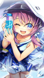 Rule 34 | 1girl, arknights, blue eyes, bottle, collarbone, dress, hat, highres, holding, holding bottle, long hair, looking at viewer, mitake eil, one eye closed, open mouth, purestream (arknights), purple hair, smile, solo, water bottle, white dress