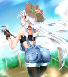 Rule 34 | 1girl, ass, back, bare shoulders, blush, breasts, farmer, from behind, gloves, hat, long hair, looking back, open mouth, original, overalls, parted lips, pitchfork, purple eyes, shiny skin, silver hair, solo, strapless, thighhighs, tube top, very long hair