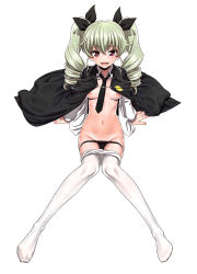 Rule 34 | 10s, 1girl, anchovy (girls und panzer), areola slip, arm support, black necktie, black panties, black ribbon, blouse, blush, breasts, cape, clothes pull, drill hair, eyebrows, girls und panzer, green hair, groin, hair ribbon, highres, long hair, long sleeves, looking at viewer, medium breasts, minazuki juuzou, navel, necktie, nipple slip, nipples, no bra, no pants, open clothes, open mouth, open shirt, panties, pantyhose, pantyhose pull, red eyes, ribbon, school uniform, shirt, sitting, skindentation, solo, thighs, twin drills, twintails, underwear, white pantyhose, white shirt