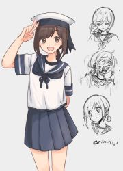 Rule 34 | 1girl, black eyes, black hair, blue sailor collar, blue skirt, commentary request, cowboy shot, expressions, fubuki (kancolle), grey background, kantai collection, looking at viewer, low ponytail, pleated skirt, ponytail, rin (rin niji), sailor collar, salute, school uniform, serafuku, short ponytail, sidelocks, simple background, skirt, solo, twitter username