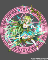 Rule 34 | 1girl, ahoge, bow (weapon), copyright request, dress, full body, gloves, green dress, green eyes, green gloves, green hair, grey background, head wings, holding, holding bow (weapon), holding weapon, leaf, long hair, magic circle, official art, pointy ears, simple background, solo, very long hair, weapon, wings, yoshino35