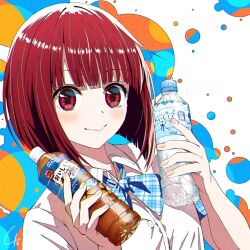 Rule 34 | 1girl, 4b-enpitsu, arima kana, blue bow, blue bowtie, blunt bangs, blush, bob cut, bottle, bow, bowtie, chromatic aberration, closed mouth, collared shirt, commentary, dress shirt, film grain, highres, holding, holding bottle, inverted bob, looking at viewer, medium hair, oshi no ko, plaid, plaid bow, plaid bowtie, red eyes, red hair, shirt, short sleeves, signature, smile, solo, upper body, water bottle, white background, white shirt