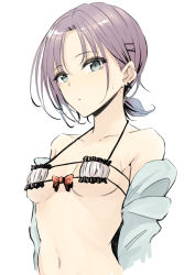 Rule 34 | 1girl, asakura toru, bad id, bad twitter id, bikini, blue jacket, breasts, breasts apart, collarbone, cropped torso, earrings, frilled bikini, frills, highres, idolmaster, idolmaster shiny colors, jacket, jacket partially removed, jewelry, light purple hair, looking at viewer, nanahoshi kou, navel, parted bangs, ponytail, simple background, small breasts, solo, sweatdrop, swimsuit, upper body, white background