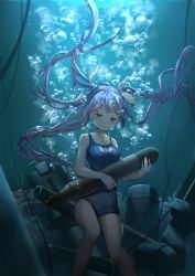 Rule 34 | 1girl, air bubble, aqua theme, bare legs, blue hair, breasts, bubble, cannon, daitai sotogawa (futomomo), floating hair, hair ribbon, highres, i-19 (kancolle), kantai collection, large breasts, light rays, long hair, mast, missile, name tag, one-piece swimsuit, red eyes, ribbon, school swimsuit, smokestack, solo, swimsuit, symbol-shaped pupils, torpedo, tri tails, turret, underwater