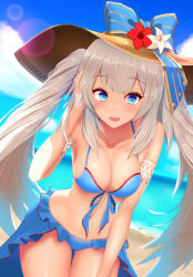 Rule 34 | 1girl, beach, bikini, blue bikini, blue eyes, blue sky, blush, breasts, cleavage, collarbone, cowboy shot, day, fate/grand order, fate (series), flower, hat, hat flower, hibiscus, highres, leaning forward, long hair, looking at viewer, marie antoinette (fate), marie antoinette (swimsuit caster) (third ascension) (fate), medium breasts, navel, nekoda (maoda), ocean, outdoors, parted lips, sarong, silver hair, sky, smile, solo, stomach, swimsuit, twintails, very long hair