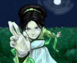 Rule 34 | 1girl, avatar: the last airbender, avatar legends, black hair, female focus, grey eyes, moon, nature, nickelodeon, outdoors, sky, solo, toph bei fong