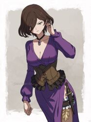 Rule 34 | 1girl, black choker, border, breasts, brown eyes, brown hair, choker, cleavage, collarbone, dagger, dress, frilled thighhighs, frills, grey background, hair between eyes, knife, large breasts, mechnmechn, medium hair, octopath traveler, octopath traveler ii, outside border, purple dress, sheath, sheathed, simple background, solo, standing, thighhighs, throne anguis, weapon, white border