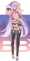 Rule 34 | 1girl, absurdres, akitokage, armpits, arms behind head, arms up, bare shoulders, bb (fate), bb (fate) (all), bb (fate/extra), bb (swimsuit mooncancer) (fate), bead bracelet, beads, belt, bikini, black garter belt, black gloves, black shorts, black thighhighs, blush, bracelet, breasts, character name, cleavage, collarbone, dark-skinned female, dark skin, fate/grand order, fate (series), fingerless gloves, full body, garter belt, gloves, hair ornament, hair ribbon, hairband, highres, huge breasts, jewelry, long hair, looking at viewer, loose belt, micro shorts, nail polish, navel, neck ribbon, open mouth, purple bikini, purple eyes, purple hair, ribbon, shorts, skindentation, smile, star (symbol), star hair ornament, studded garter belt, swimsuit, tan, thighhighs, thighs, very long hair, white belt