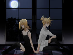 Rule 34 | 1boy, 1girl, bad id, bad pixiv id, blonde hair, brother and sister, dress, full moon, holding hands, hetero, incest, kagamine len, kagamine rin, moon, night, siblings, strap slip, string, string of fate, temari (deae), thighhighs, twincest, twins, vocaloid