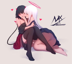 Rule 34 | 2girls, absurdres, angel girl (shimmer), ass, bare shoulders, black-haired demon girl (shimmer), black hair, black legwear, black panties, black shirt, blush, breasts, demon girl, demon horns, demon tail, grey background, halo, heart, highres, horns, long hair, looking at another, multiple girls, off shoulder, open mouth, original, panties, pleated skirt, profile, red eyes, shimmer, shirt, simple background, skirt, tail, thighhighs, underwear, yuri