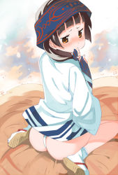 Rule 34 | 10s, 1girl, ainu clothes, amayadori machi, ass, black hair, blunt bangs, blush, brown eyes, child, covering own mouth, from behind, fundoshi, hand over own mouth, headband, japanese clothes, kumamiko, long hair, long sleeves, looking back, low twintails, metallican, miko, no pants, panties, sandals, sitting, sleeves past wrists, solo, tabi, thong, twintails, underwear, wariza, wedgie, white panties