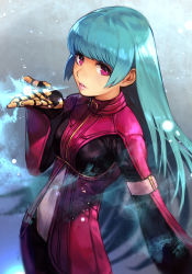 Rule 34 | 1girl, aqua hair, blowing, blue hair, blurry, blurry background, bodysuit, bodysuit under clothes, breasts, breath, cowboy shot, cropped jacket, gloves, grey background, hungry clicker, jacket, kula diamond, long hair, long sleeves, looking at viewer, looking to the side, medium breasts, parted lips, pink lips, purple eyes, purple jacket, shadow, shiny clothes, sidelocks, snk, snow, solo, the king of fighters, very long hair