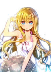 Rule 34 | 1girl, air (visual novel), alternate costume, blonde hair, blue eyes, breasts, commentary request, dress, hand in own hair, hat, highres, holding, holding clothes, holding hat, kamio misuzu, key (company), large breasts, lliissaawwuu2, long hair, looking at viewer, open mouth, simple background, smile, solo, sundress, unworn hat, unworn headwear, upper body, white background, white dress