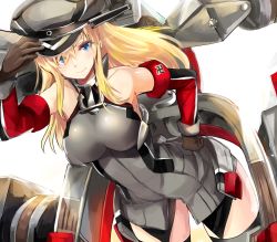 Rule 34 | 10s, 1girl, bismarck (kancolle), blonde hair, blue eyes, breasts, collarbone, artistic error, german text, hand on headwear, hat, highres, kantai collection, large breasts, long hair, military, military hat, military uniform, peaked cap, personification, smile, solo, swastika, uniform, yoshizawa tsubaki