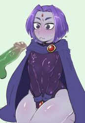 Rule 34 | 1boy, 1girl, beast boy (dc), blue cape, blue skin, blush, cape, colored skin, covered erect nipples, dc comics, erection, leotard, looking at penis, penis, penis awe, purple eyes, purple hair, purple leotard, raven (dc), senatorwong, short hair, simple background, sitting, teen titans, testicles, thighs, uncensored, wariza, wavy mouth, wet