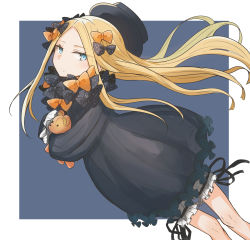 Rule 34 | 1girl, abigail williams (fate), absurdres, black bow, black dress, black hat, blonde hair, bloomers, blue background, blue eyes, bow, bug, butterfly, closed mouth, dress, fate/grand order, fate (series), forehead, gin moku, hair bow, hat, head tilt, highres, hugging object, insect, long hair, long sleeves, looking at viewer, orange bow, parted bangs, polka dot, polka dot bow, sleeves past fingers, sleeves past wrists, solo, stuffed animal, stuffed toy, teddy bear, two-tone background, underwear, unworn hat, unworn headwear, very long hair, white background, white bloomers