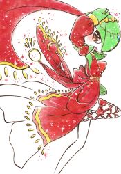 Rule 34 | 1girl, alternate eye color, arm up, blush, bob cut, bow, circlet, clothed pokemon, colored skin, creatures (company), crescent, dancing, detached sleeves, dress, female focus, flat chest, from side, game freak, gardevoir, gen 3 pokemon, gold, green hair, green skin, hair over one eye, happy, heart, heart in eye, jewelry, leg ribbon, leg up, long sleeves, looking at viewer, muguet, multicolored skin, nintendo, open mouth, orange eyes, pokemon, pokemon (creature), puffy long sleeves, puffy sleeves, red bow, red dress, red legwear, red ribbon, red sleeves, ribbon, ring, short hair, simple background, sleeveless, sleeveless dress, smile, solo, sparkle, standing, standing on one leg, symbol in eye, two-tone skin, white background, white skin